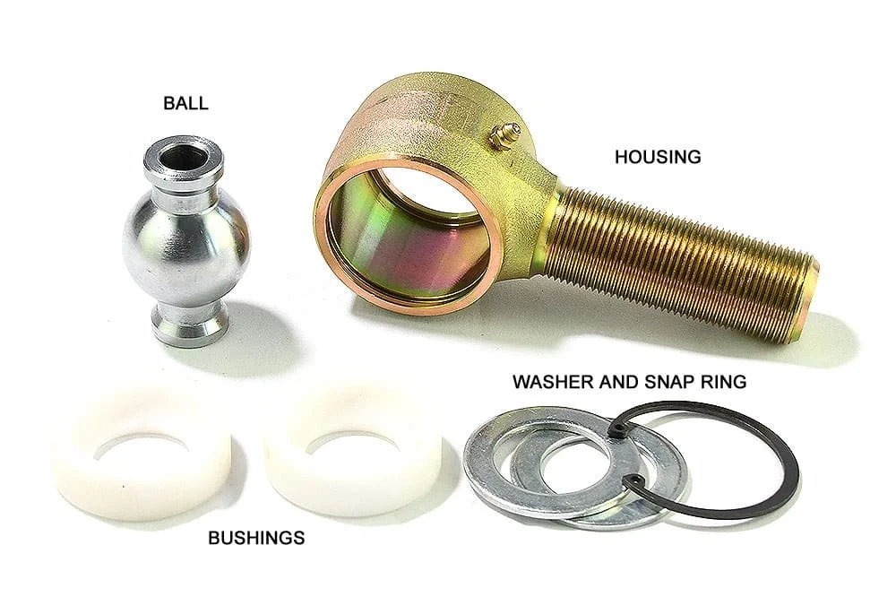 Disassembled Johnny Joint showing ball, housing, bushings, washer and snap ring