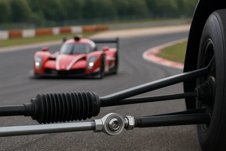 Close-up of racing steering system with reinforced linkage components